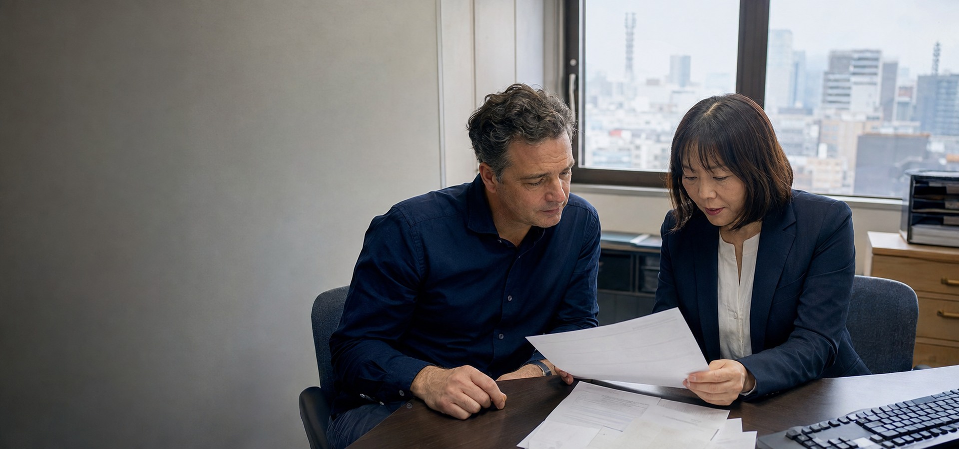 Foreign business owner reviewing Japanese official mail with a bilingual Japanese business advisor.