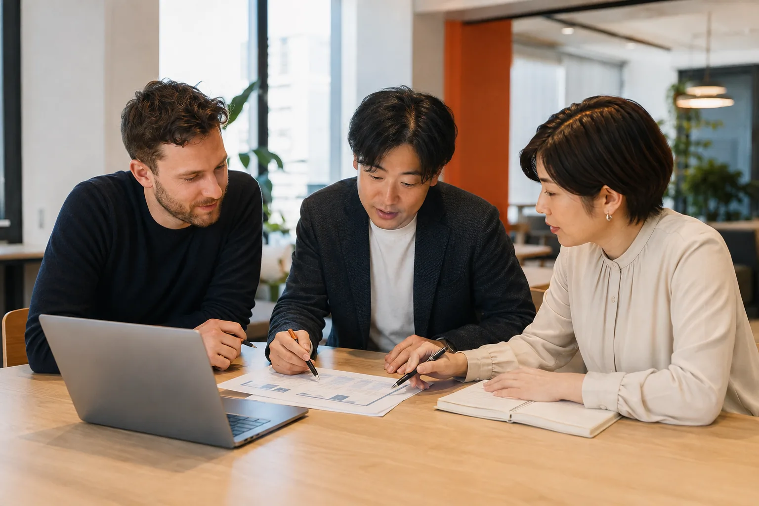 Foreign founder reviewing a business plan with advisers in Japan