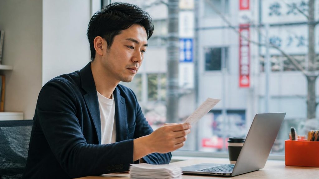 Business owner sorting Japanese receipts at a desk