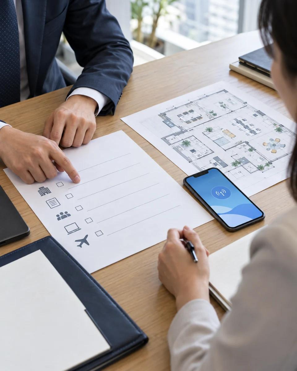 Company setup, office planning and mobile connectivity being reviewed together