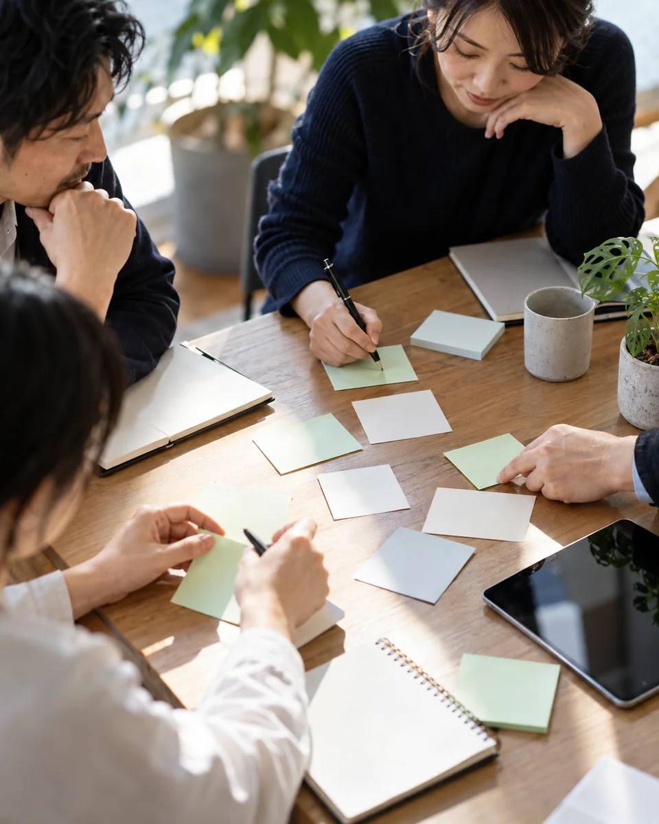 A facilitator arranging company purpose ideas