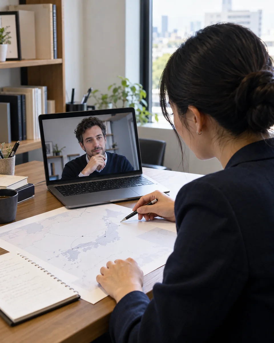 An adviser coordinating market-entry planning remotely